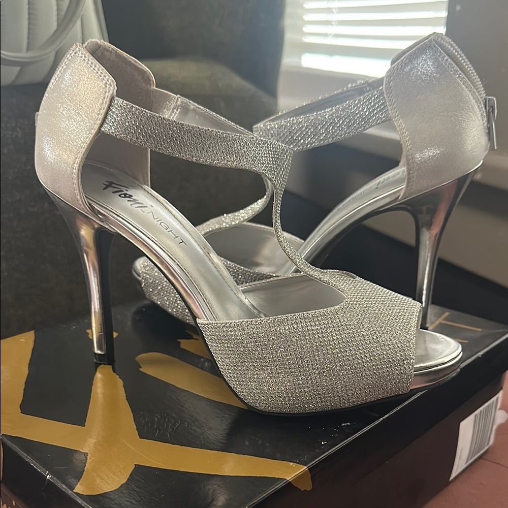 Silver peep toe heels
